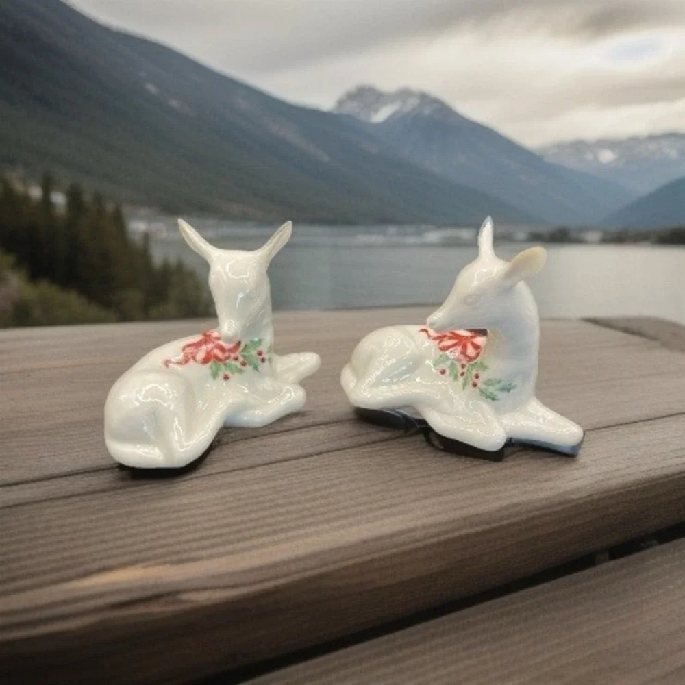 Pair Of Lenox Holiday Deer China Jewels Collection Vintage 1993 Holly BerriesHTF